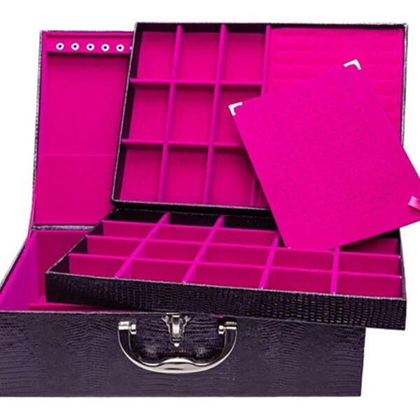 Maleta Grande Tripla Porta Joias Preto com Pink Aberta Kratos Embalagens