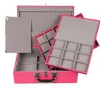Maleta Grande Tripla Porta Joias Pink com Cinza Aberta Kratos Embalagens