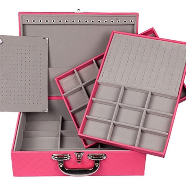 Maleta Grande Tripla Porta Joias Pink com Cinza Aberta Kratos Embalagens