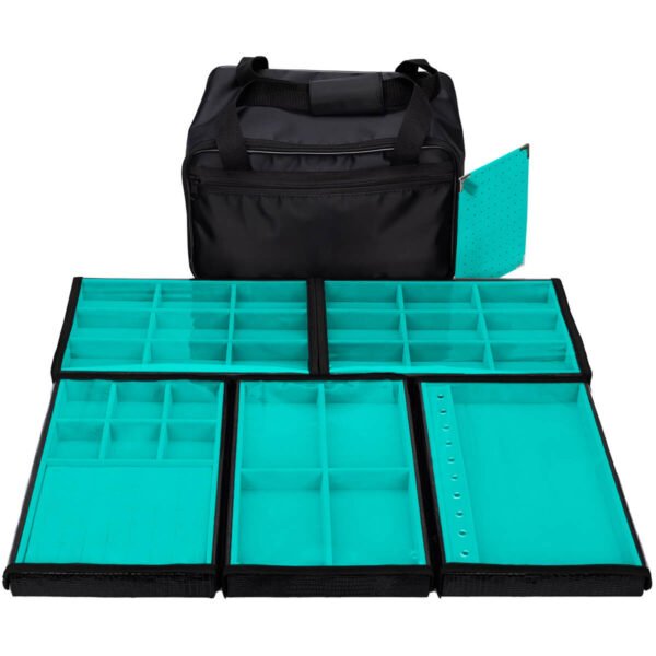 Bolsa Media com 5 Bandejas para joias bijuteria Turquesa Aberta Kratos Embalagen
