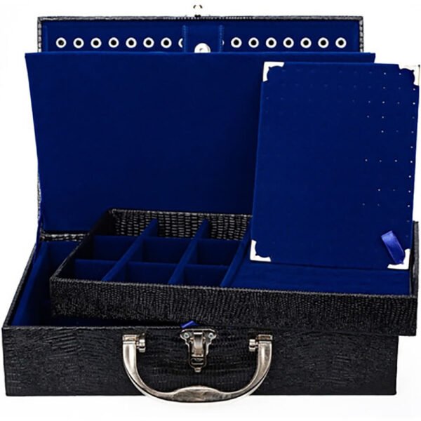Maleta Media Dupla (com aba de proteção) para joias Preto com Azul Royal Aberta Kratos Embalagens