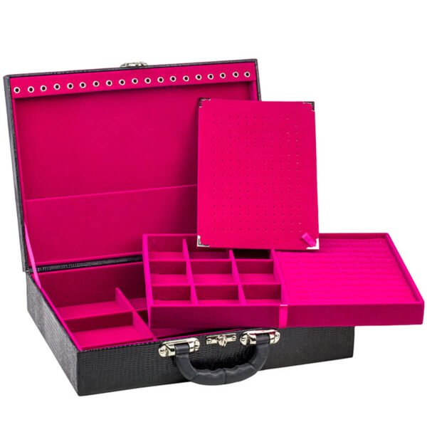 Maleta Grande Dupla Porta Joias Preto com Pink Aberta Kratos Embalagens