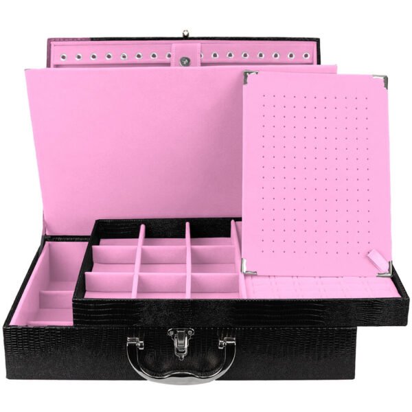 Maleta Grande Dupla Porta Joias Preto Rosa com Aba de Proteção Kratos Embalagens