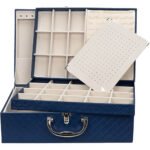 Maleta Grande Tripla Porta Joias Azul Escuro com Gelo Aberta Kratos Embalagens