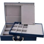 Maleta Grande Dupla Porta Joias Azul Escuro com Cinza Aberta Kratos Embalagens