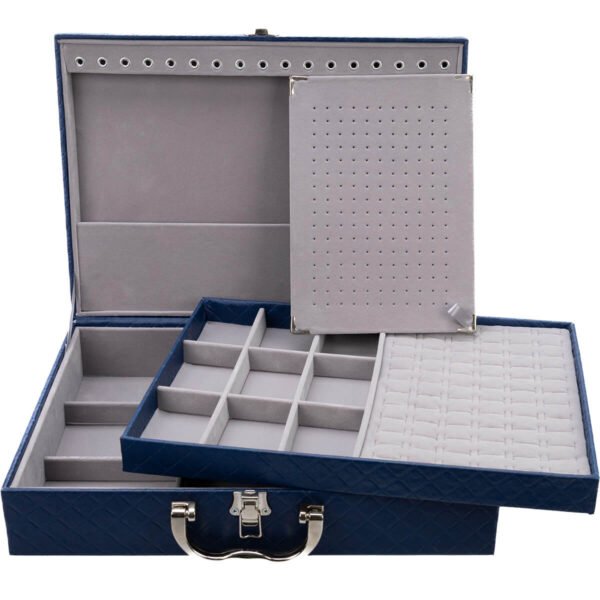 Maleta Grande Dupla Porta Joias Azul Escuro com Cinza Aberta Kratos Embalagens